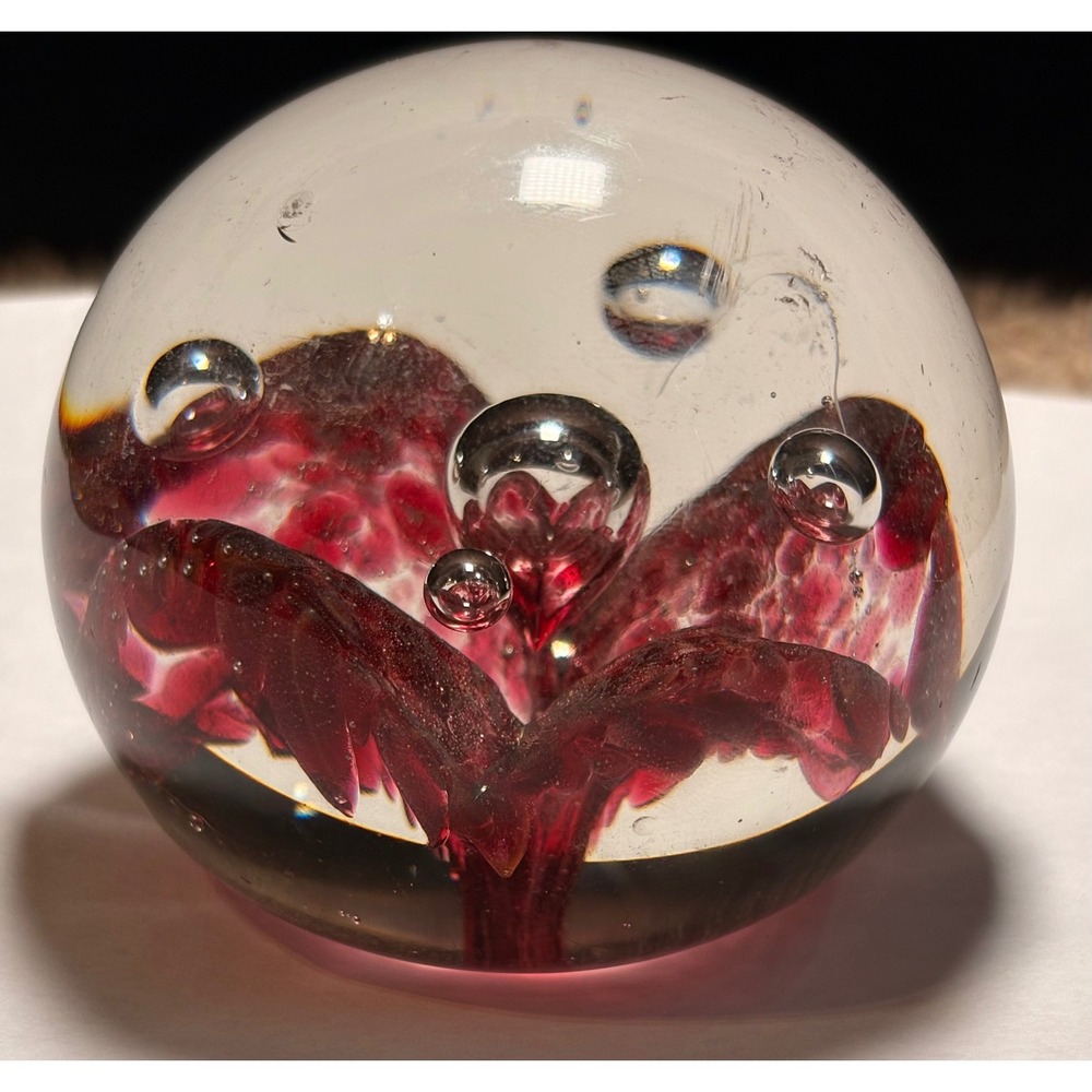Vintage Cranberry Red Art Glass Paperweight Controlled Bubble Murano Style Orb - Picture 3 of 6